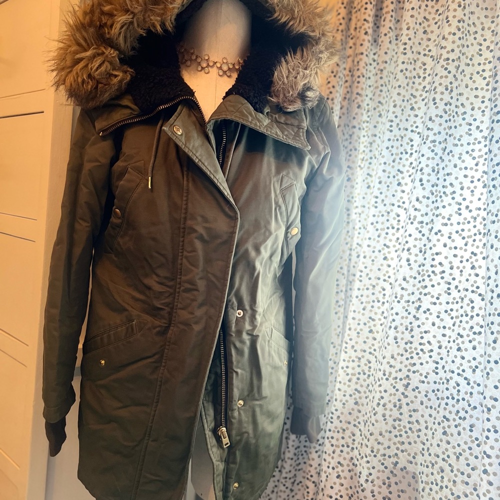J. Crew Olive Utility Jacket with Faux Fur Trim